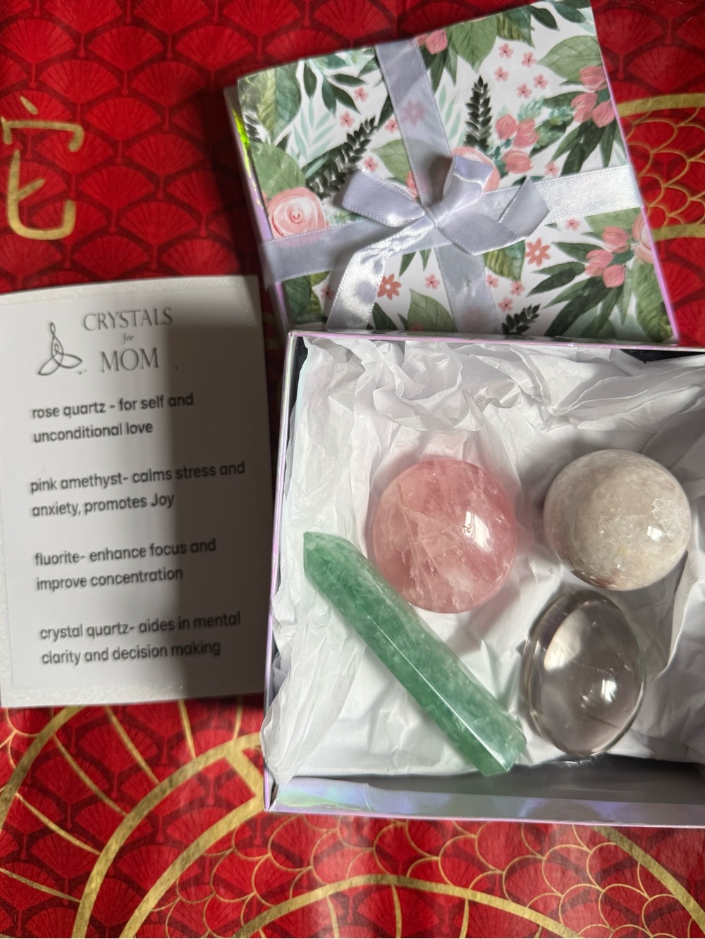 Crystals for Mom Gift Set - Rose Quartz,fluorite, pink amethyst sphere, clear qu